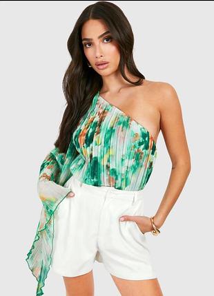 Святкова блуза плісе боді зелений бодік з відкритим плечем