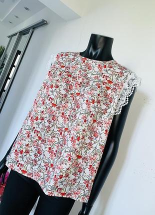 Белая блуза с цветочным принтом и кружевом на рукавах shein женская l/xl