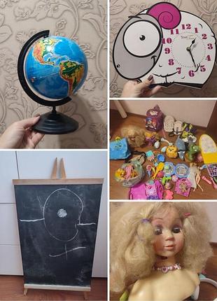 Большая коробка игрушек для девочки. кукла для причесок. глобус. рюкзак. сумка для девочки. часы