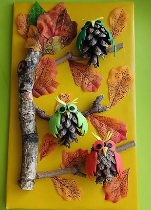 Осенняя композиция, осенний декор, подарок, поработка из природных материалов, ручная работа, поделка, поделки, совы на дереве из шишек листочки самоделька