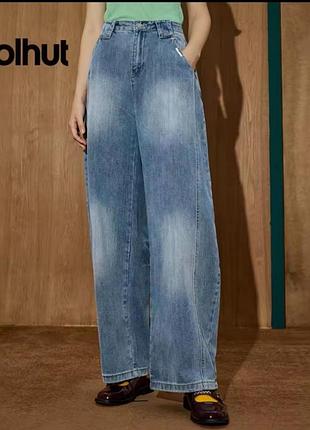 Coolhut жіночі вінтажні випрані широкі джинси з високою талією і потертим подолом, американські ретро-осінні повсякденні штани.