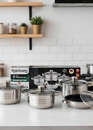 Набір каструль з нержавіючої сталі rainberg rb-605 | 8 предметів