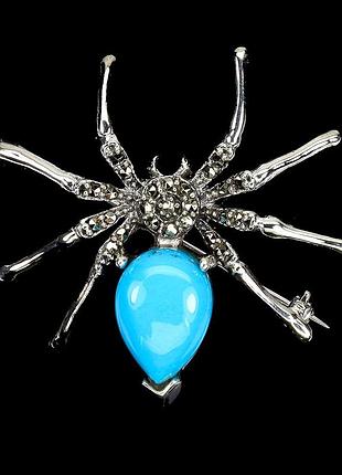 Серебряная брошь с бирюзой и марказитами "паук", серебро 925 пробы