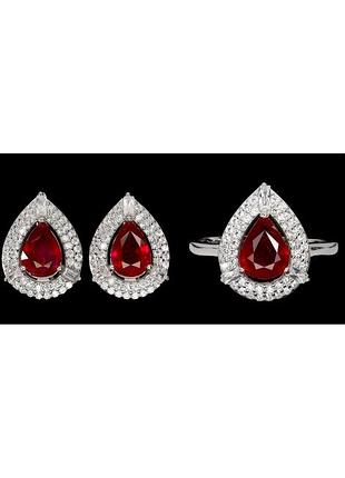 Серебряный набор с натуральными рубинами и фианитами, серебро 925 пр.- серьги и кольцо (16.5 / рубиновая мечта