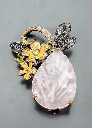 Серебряная брошь ручной работы с натуральным розовым кварцем, аметистами, перидотом (хризолитами) и фианитами