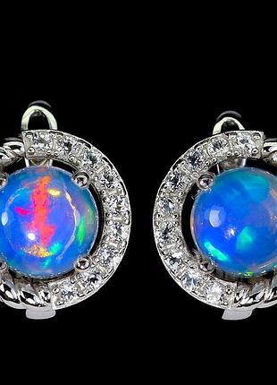 Серебряные серьги с натуральными яркими опалами и белыми топазами