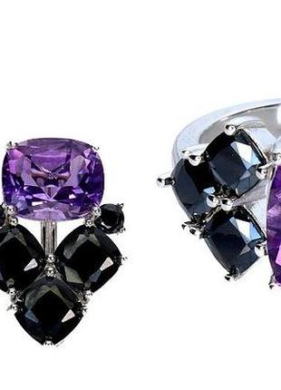 Срібний набір із натуральними аметистами та чорною шпинеллю — сережки та кільце, розмір 17.5 — 17.75