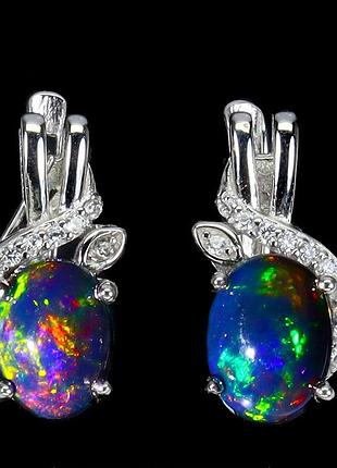 Серьги серебряные с натуральными черными эфиопскими опалами и фианитами
