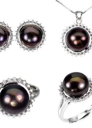 Серебряный набор с натуральным жемчугом и фианитами - серьги-гвоздики, кулон и кольцо (разм. 16.5 - 19 )