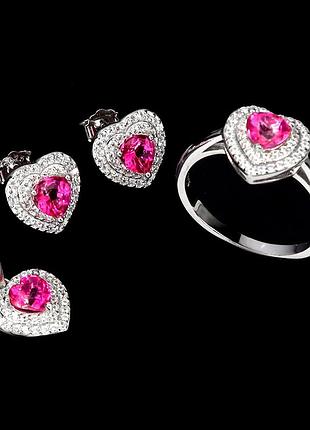 Серебряный набор с натуральными розовыми топазами и фианитами - серьги, кулон, кольцо (размер 17.5)