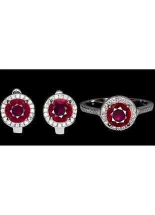 Серебряный набор с натуральными рубинами и фианитами, серебро 925 пр.  - серьги и кольцо (18 / рубиновая мечта