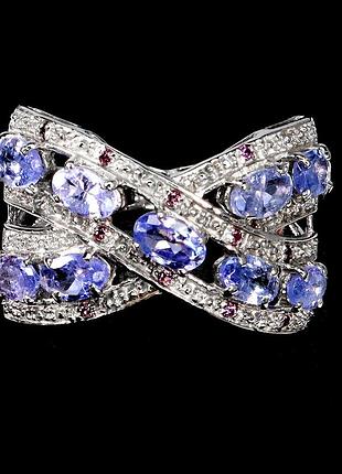 Серебряное кольцо с натуральными танзанитами и гранатами родолитами (размер 18.5)