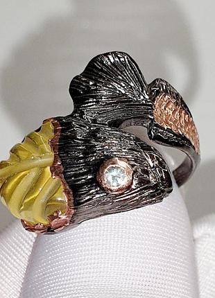 Кольцо ручной работы с натуральным лимонным кварцем и голубым топазом, размер 18.5 - 18.75