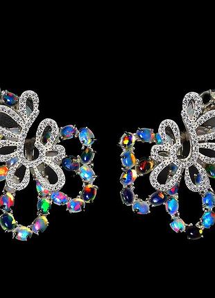 Крупные серебряные серьги с натуральными эфиопскими опалами и фианитами