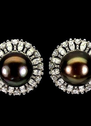 Срібні сережки гвоздики (пусети) з натуральним річковим коричневим перловим перловим і фіанітами