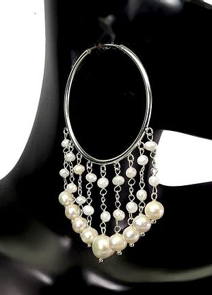 Крупные серебряные серьги-кольца с натуральным жемчугом