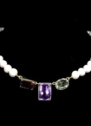 Кольє з натуральним перловим, цитрином, аметистом і празіолітом (зеленим аметистом), срібло 925 у позолоті