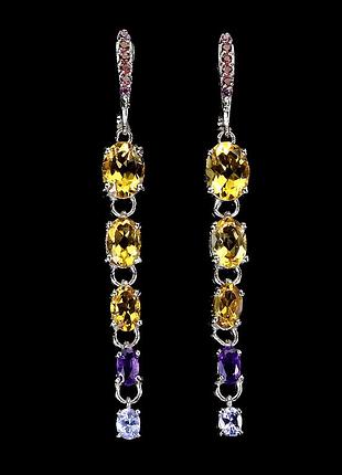 Серебряные серьги с природными аметистами, гранатами родолитами, танзанитами и  цитринами