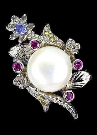 Красивое серебряное кольцо с натуральными жемчугом, гранатами родолитами, танзанитом и желтыми сапфирами,р. 19