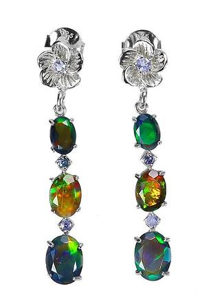 Серебряные серьги гвоздики (пуссеты) с натуральными черными опалами и танзанитами