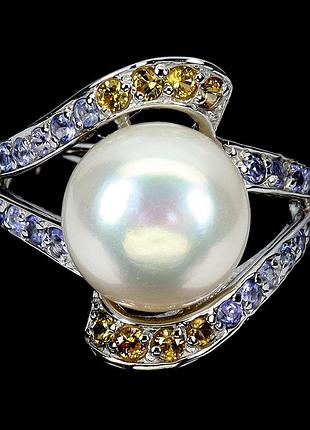 Серебряное кольцо с натуральным крупным жемчугом, танзанитами и желтыми сапфирами, размер 18.5
