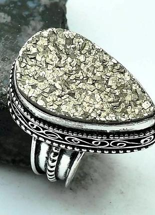 Кольцо с натуральным пиритом, друза, размер 17.5 - 17.75 , индийские украшения