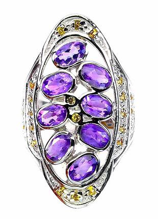 Шикарное крупное серебряное кольцо с натуральными аметистами и яркими желтыми сапфирами, размер 18.5