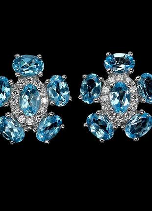 Красиві срібні сережки з блакитними швейцарськими топазами (swiss blue) і фіанітами