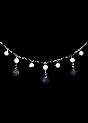 Серебряное колье/ цепочка с натуральными аметистами и мини жемчугом