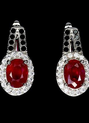 Срібні сережки з натуральними рубінами, шпинеллю і фіанітами