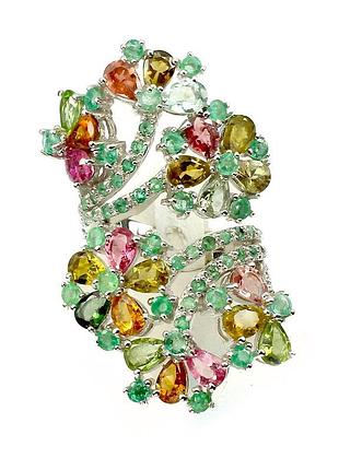 Велике яскраве срібне кільце з натуральними смарагдами та турмалінами, розмір 18.5 — 19