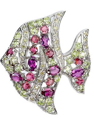Серебряная брошь с натуральными гранатами родолитами, розовыми турмалинами, хризолитами и желтыми сапфирами