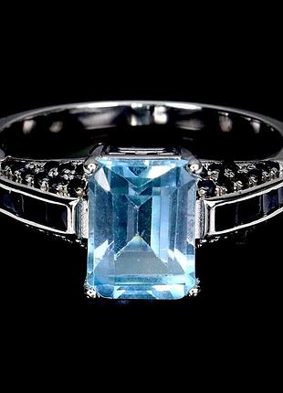 Серебряное кольцо с небесно-голубым топазом и черной шпинелью, размер 18 - 18.25