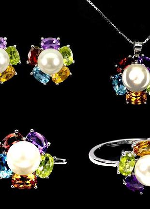 Серебряный набор с натуральным жемчугом, аметистами, гранатами, свисс блу топазами, перидотом, цитринами