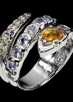 Серебряное кольцо с натуральными танзанитами,  гранатом родолитом, сапфирами "змейка", размер 18 - 18.25