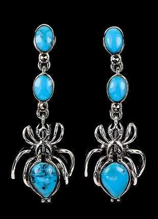Серебряные серьги гвоздики с бирюзой и марказитами "паучки"