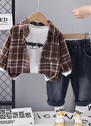 Стильний  костюмчик 3-ка для хлопчика 🤩🤩 байкова сорочка на ґудзиках +реглан +джинси