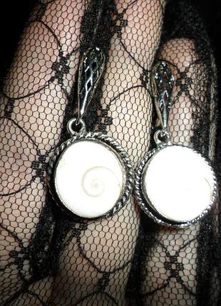 Сережки око шиви, раковина, молюск, черепашка, натуральний камінь, сріблення, індія
