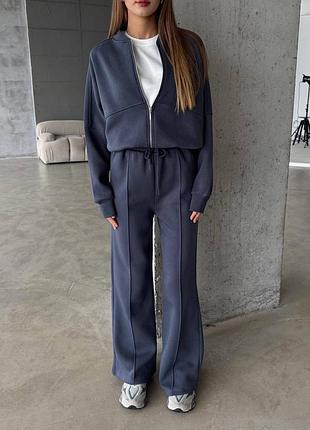 Жіночий теплий повсякденний костюм на флісі кофта на замку і штани палаццо