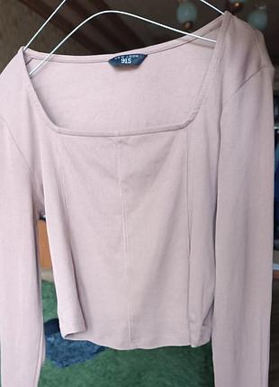 Базовый лонгслив с квадратным вырезом бежевый в рубчик