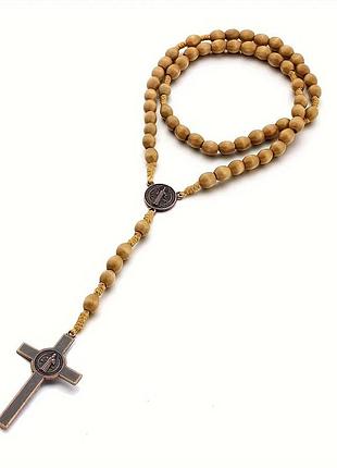 Розарий с деревянными бусинами и бронзовым крестом, вервица, четки.