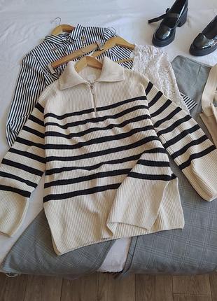 Подожений бежево чорний светр у смужку оверсайз з розрізами