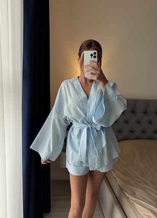 Костюм з натурального льону кімоно та шорти блакитний