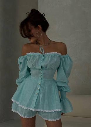 Костюм женский зеленый легкий из льна осенний весенний летний с шортами