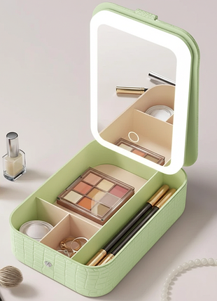 Портативный кейс-органайзер для косметики с зеркалом и подсветкой зеленый