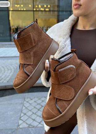 Накладной платеж ❤ натуральные зимние кожаные замшевые ботинки на липучках утеплены натуральным мехом рыжие