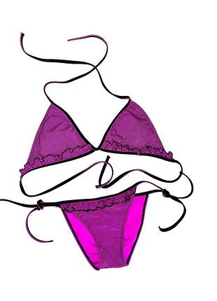 Р. 42–44 / xs–s женский купальник-бикини розовый в чёрную полоску с рюшами