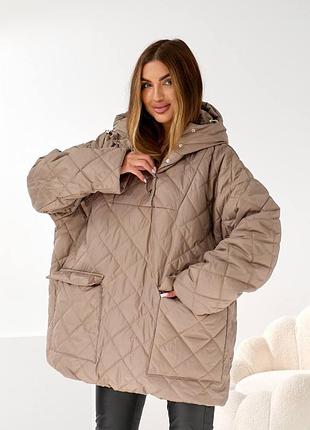 Куртка анорак стьобана еко пух на кнопках з капюшоном з кишенями чорна біла моко