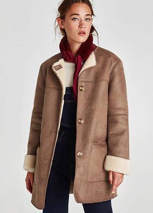 Коричнева дублянка zara мінімалістична дублянка без коміру хутряна дублянка подовжена класична дублянка з хутром тепла дублянка zara