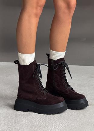 Натуральные замшевые демисезонные и зимние ботинки - берцы цвета шоколад на высокой подошве